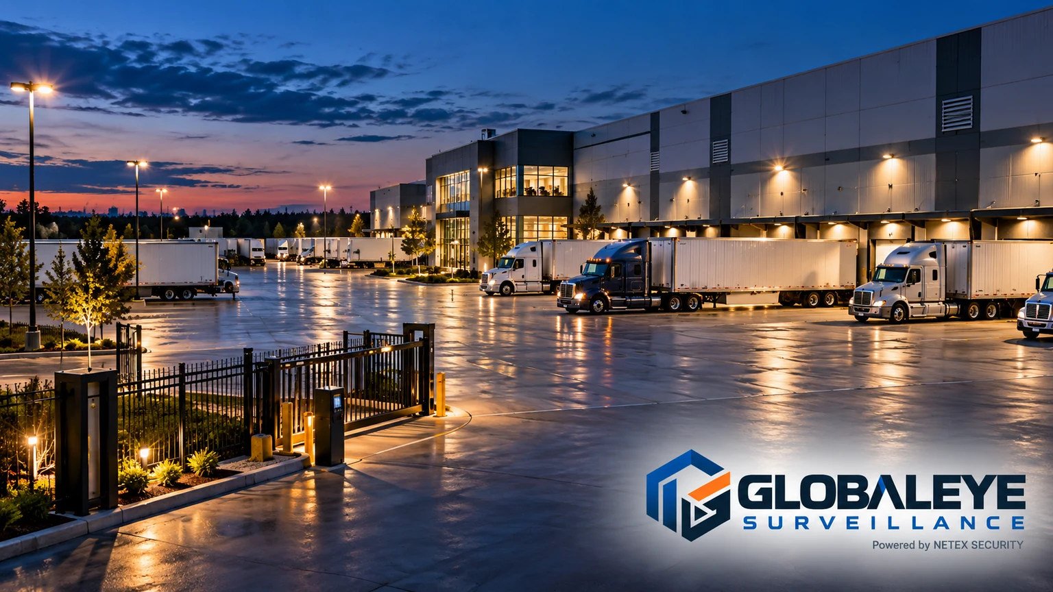 Illustrative aerial view of a truck yard and warehouse at blue hour