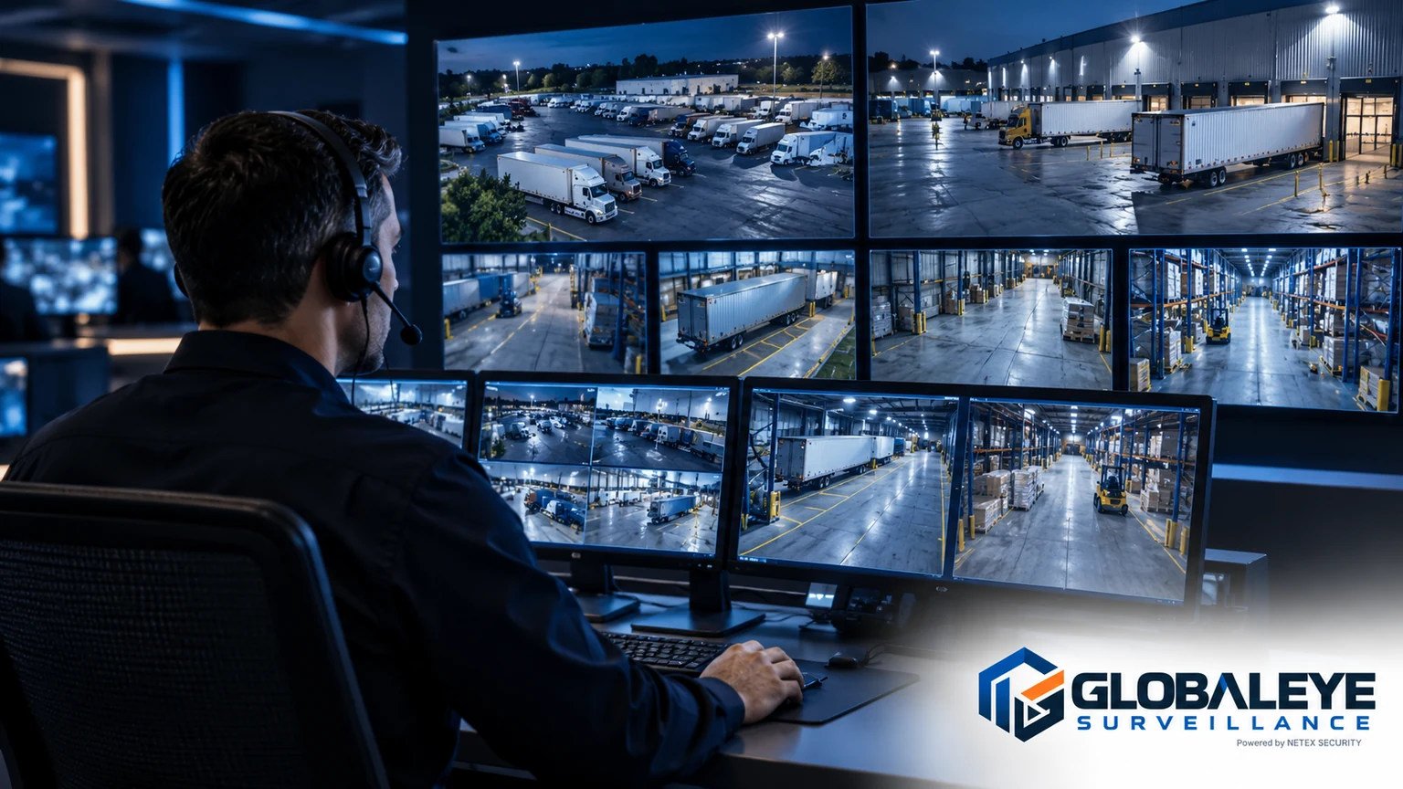 Illustrative operator reviewing logistics facility camera views