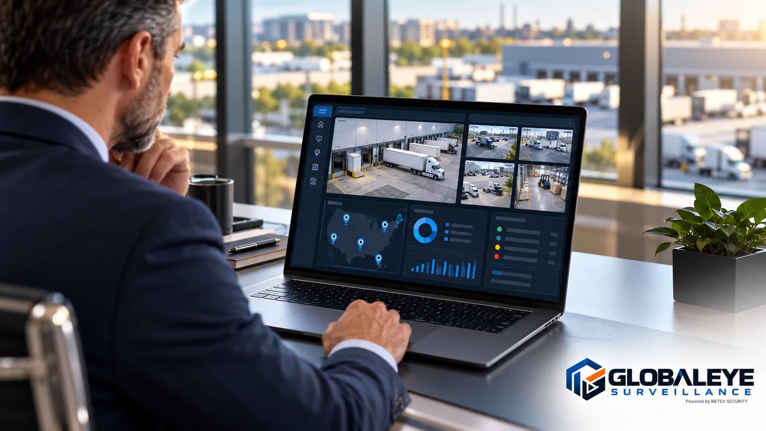 Illustrative logistics manager reviewing multi-site monitoring information