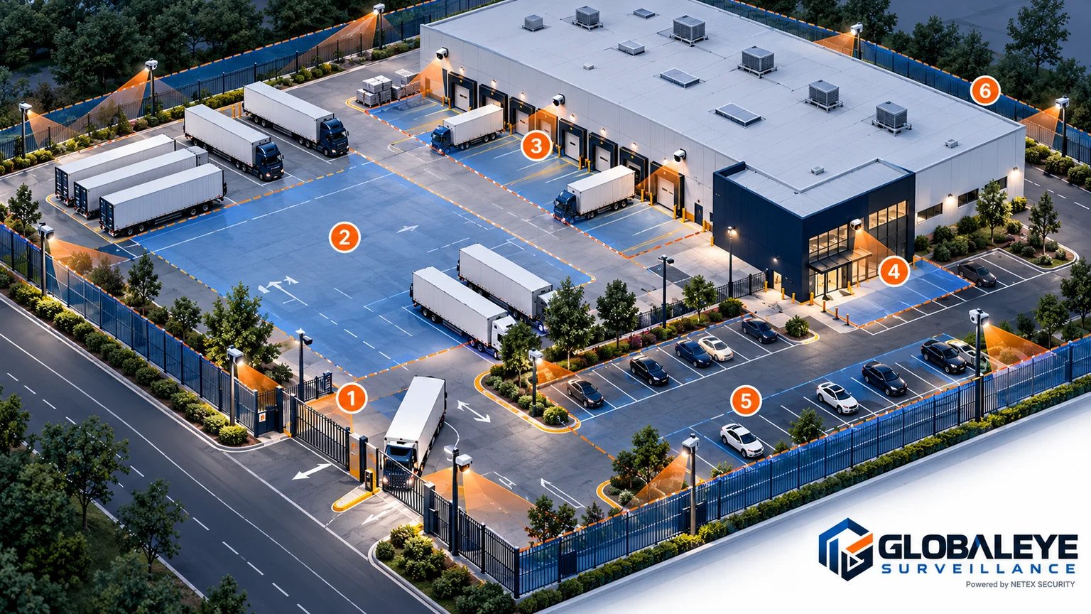 Conceptual logistics map: 1 main gate, 2 truck yard, 3 loading docks, 4 building entrance, 5 visitor and staff parking, 6 perimeter